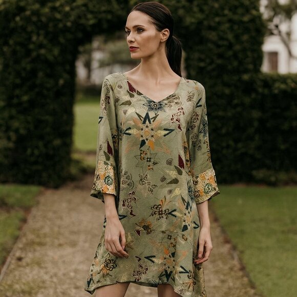 Anthropologie Odd Molly Boho Green Geometric Shift Dress 3/4 Sleeve M - Picture 1 of 7